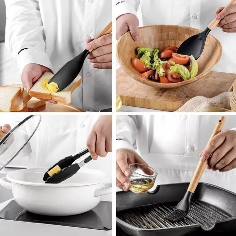 Jogo de Cozinha Kit C/12 Peças de Silicone Utensílios e Copo Suporte para Cozinha Cabo de Madeira Su