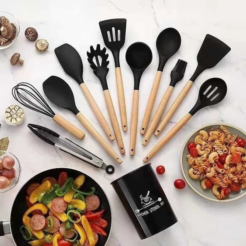 Jogo de Cozinha Kit C/12 Peças de Silicone Utensílios e Copo Suporte para Cozinha Cabo de Madeira Su