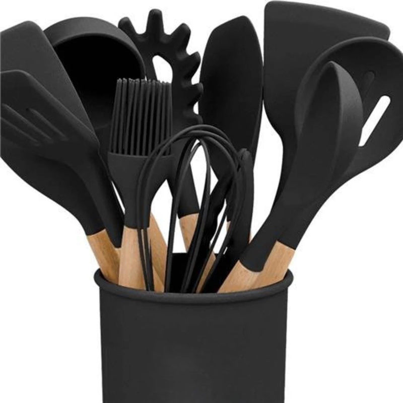 Jogo de Cozinha Kit C/12 Peças de Silicone Utensílios e Copo Suporte para Cozinha Cabo de Madeira Su