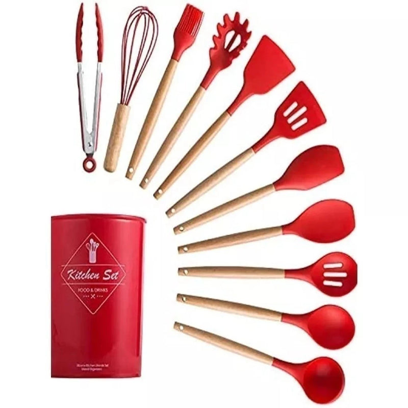 Jogo de Cozinha Kit C/12 Peças de Silicone Utensílios e Copo Suporte para Cozinha Cabo de Madeira Su