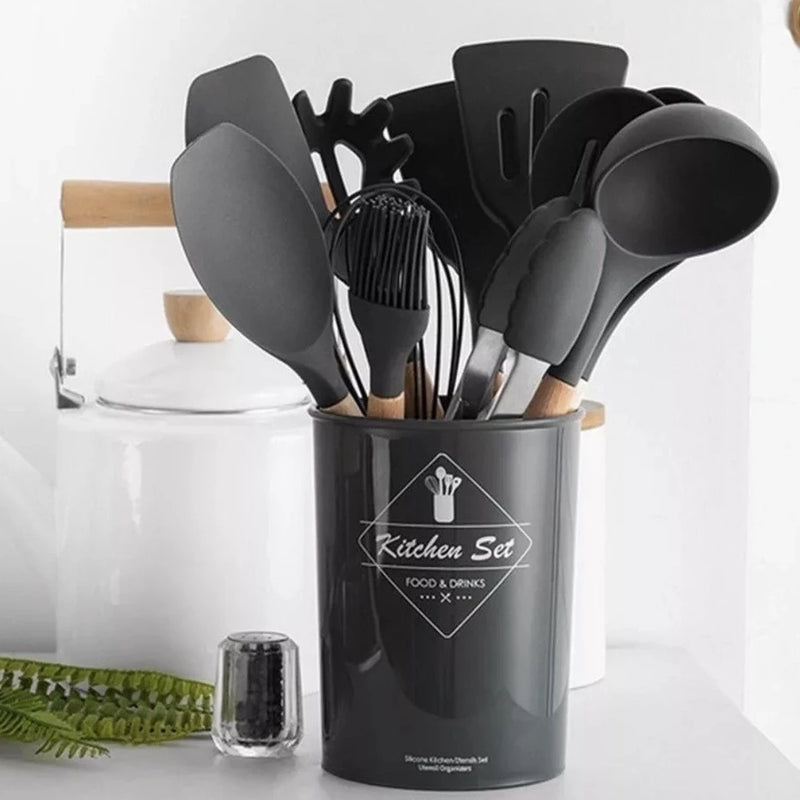 Jogo de Cozinha Kit C/12 Peças de Silicone Utensílios e Copo Suporte para Cozinha Cabo de Madeira Su