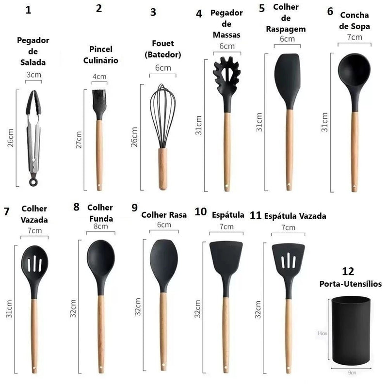 Jogo de Cozinha Kit C/12 Peças de Silicone Utensílios e Copo Suporte para Cozinha Cabo de Madeira Su